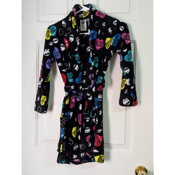 Monster High Belted Robe Girls Youth 7/8 Black Skulls Hearts Fangs Bats Logo - Picture 1 of 8